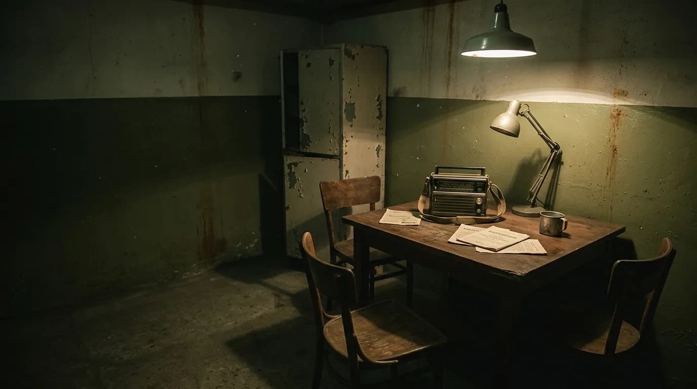An abandoned bunker room with a table, an old radio and a single lit lamp