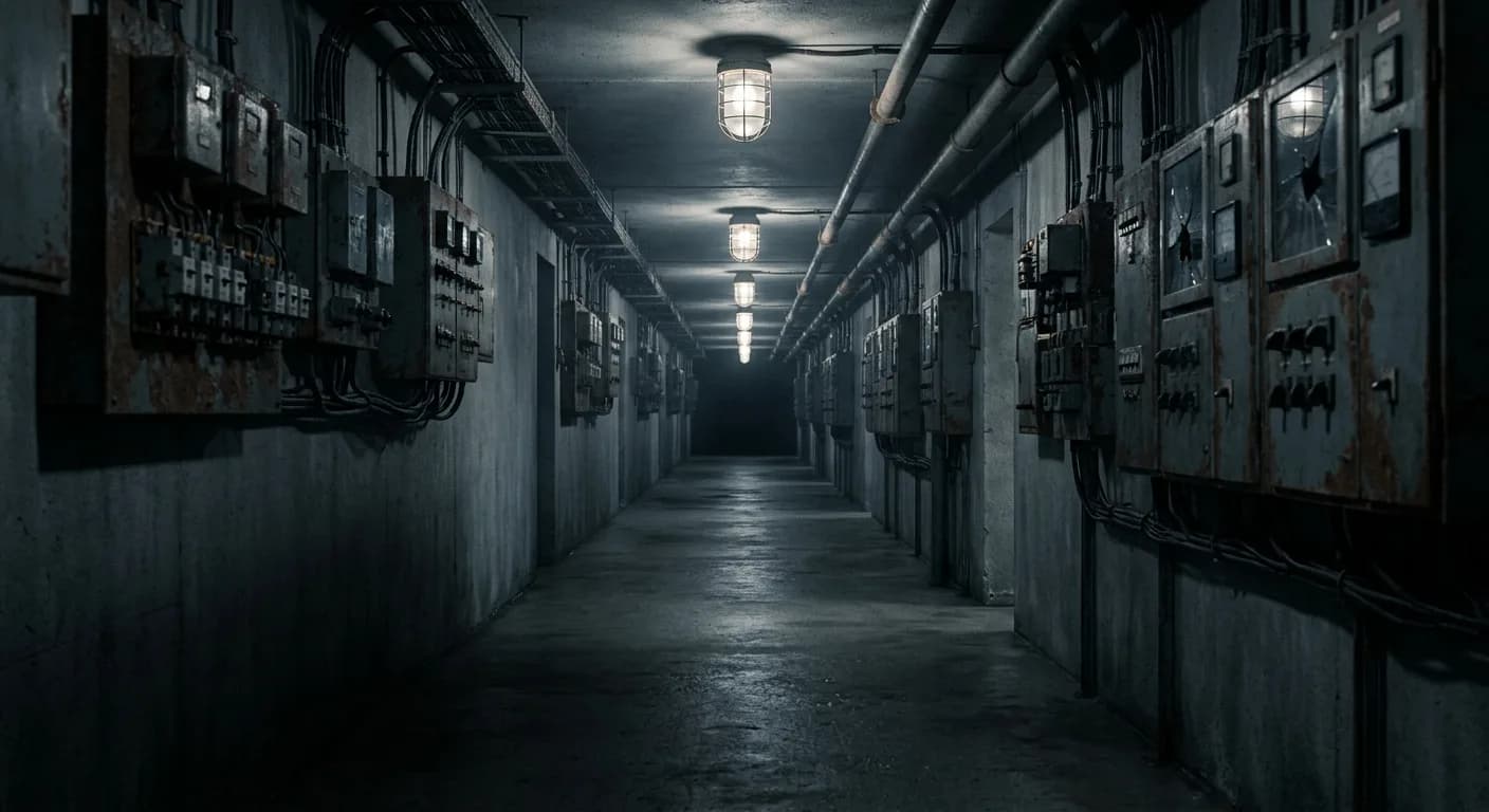 A long bunker corridor lined with rusted electrical panels, its lamps repeating into the dark