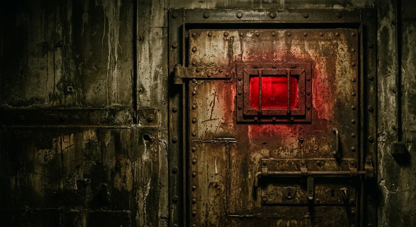 A rusted steel door with a barred window glowing red