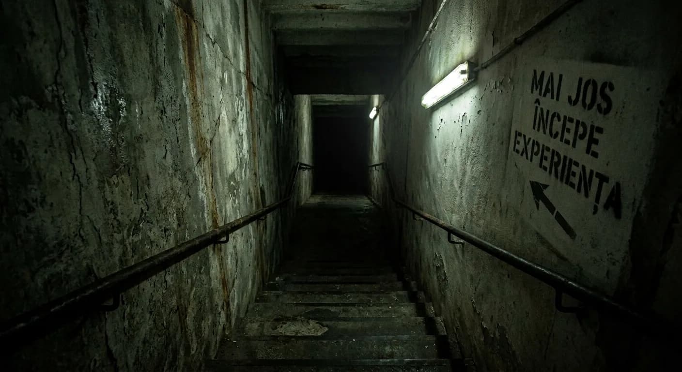 A concrete stairwell leading down into the bunker, stencilled “The experience begins below”