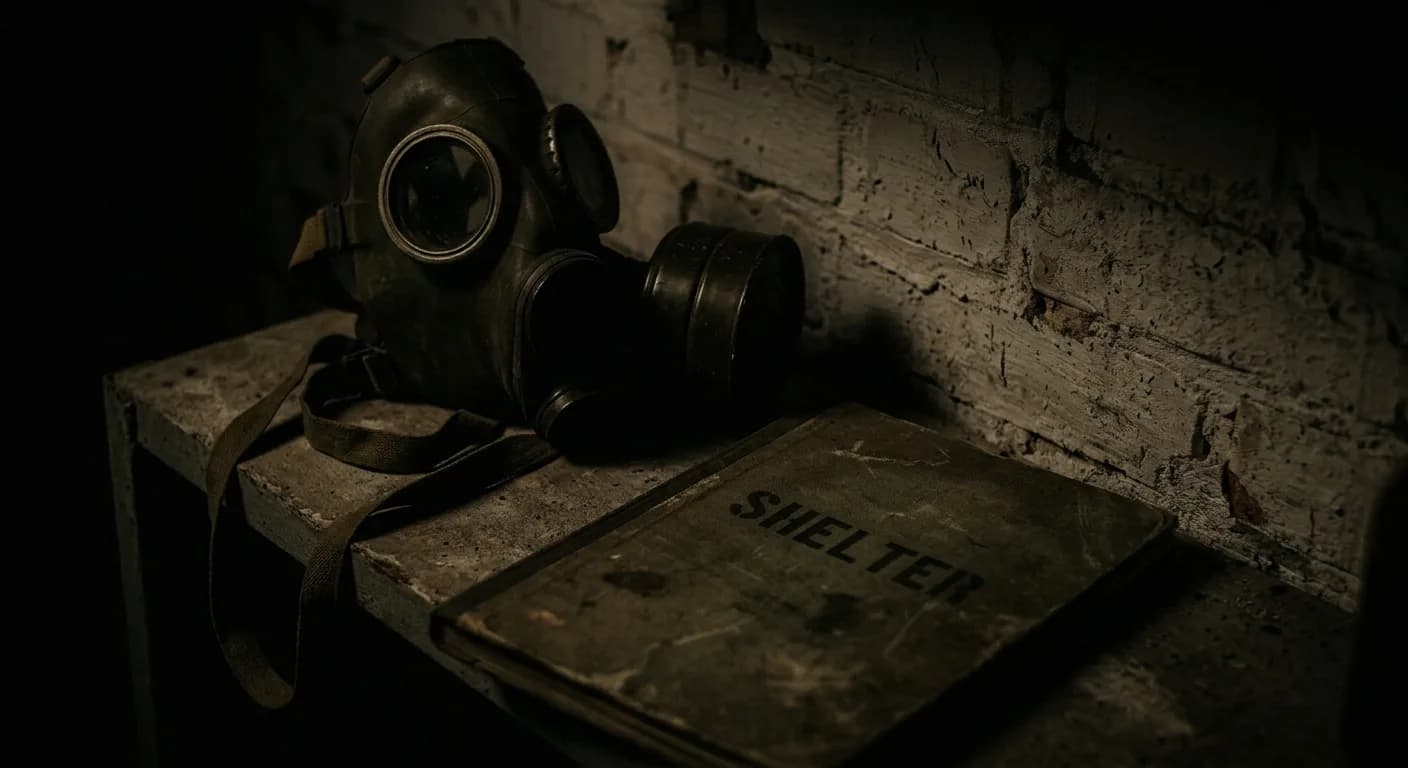 An old gas mask and a “Shelter” field manual on a concrete ledge in the bunker